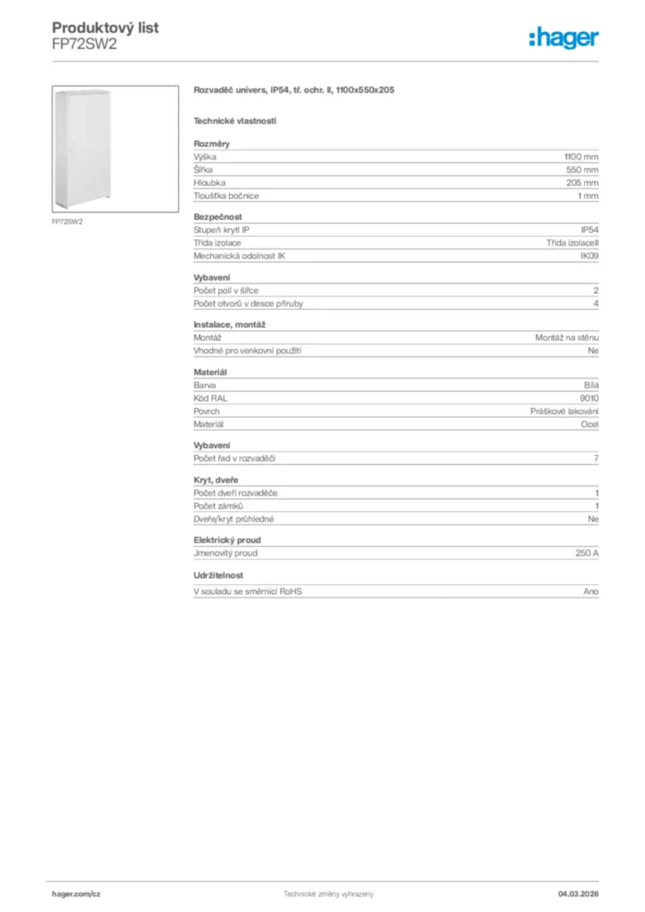 Obrázek Hager Product data sheet FP72SW2 | Hager