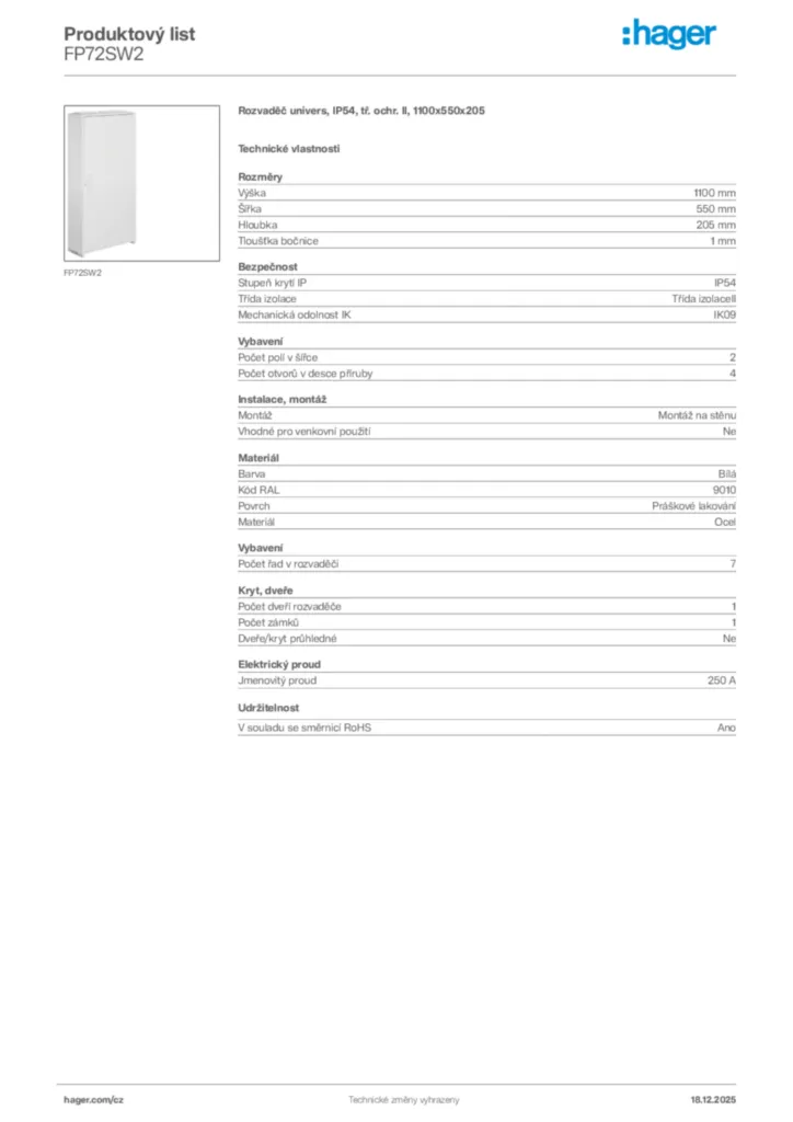 Obrázek Hager Produktový list FP72SW2 | Hager