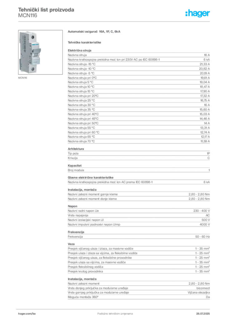 Slika Hager Product data sheet MCN116  | Hager
