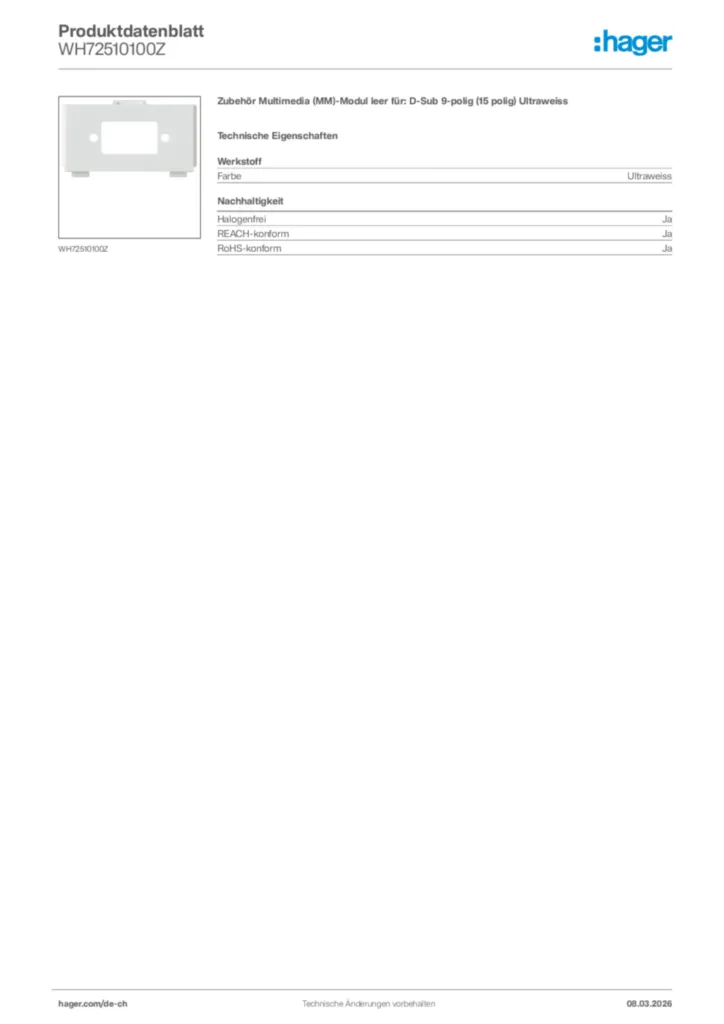 Bild Hager Produktdatenblatt WH72510100Z | Hager Schweiz