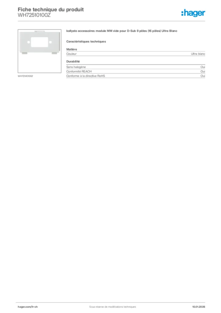 Image Hager Fiche technique du produit WH72510100Z | Hager Suisse
