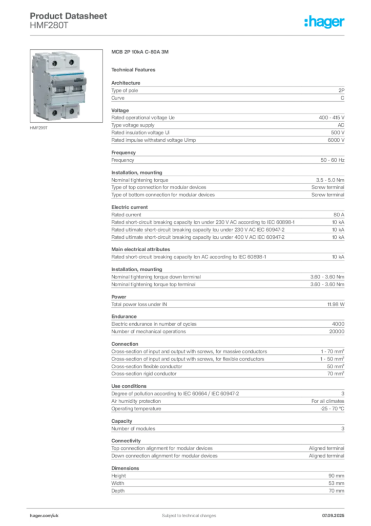 Image Hager Product data sheet HMF280T  | Hager
