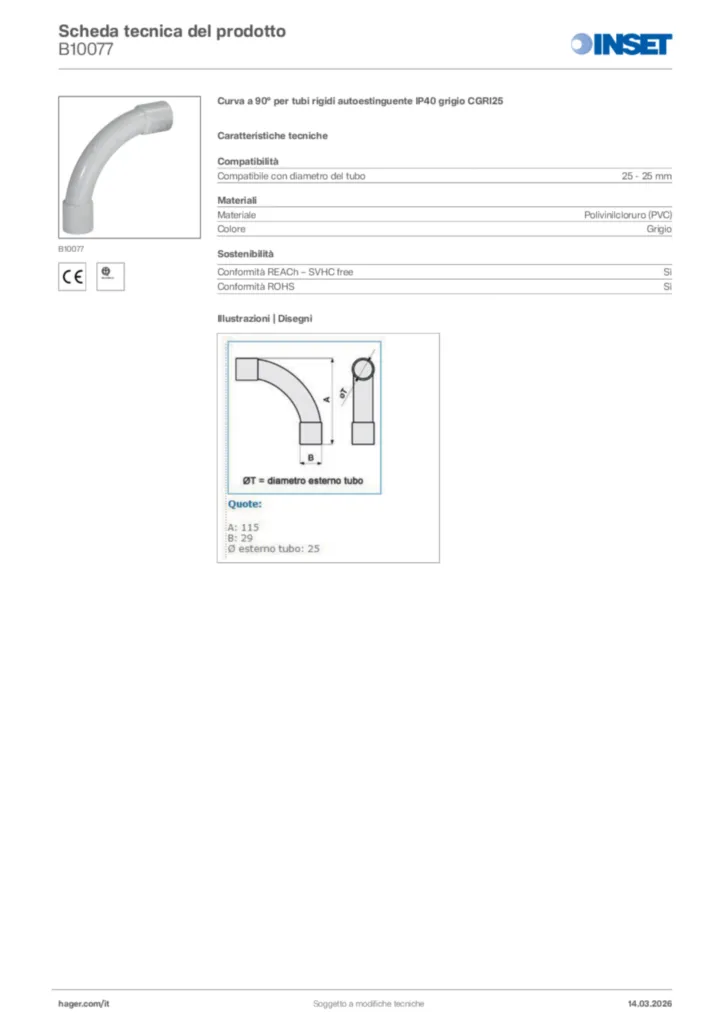 Immagine Inset Scheda tecnica del prodotto B10077 | Hager Italia