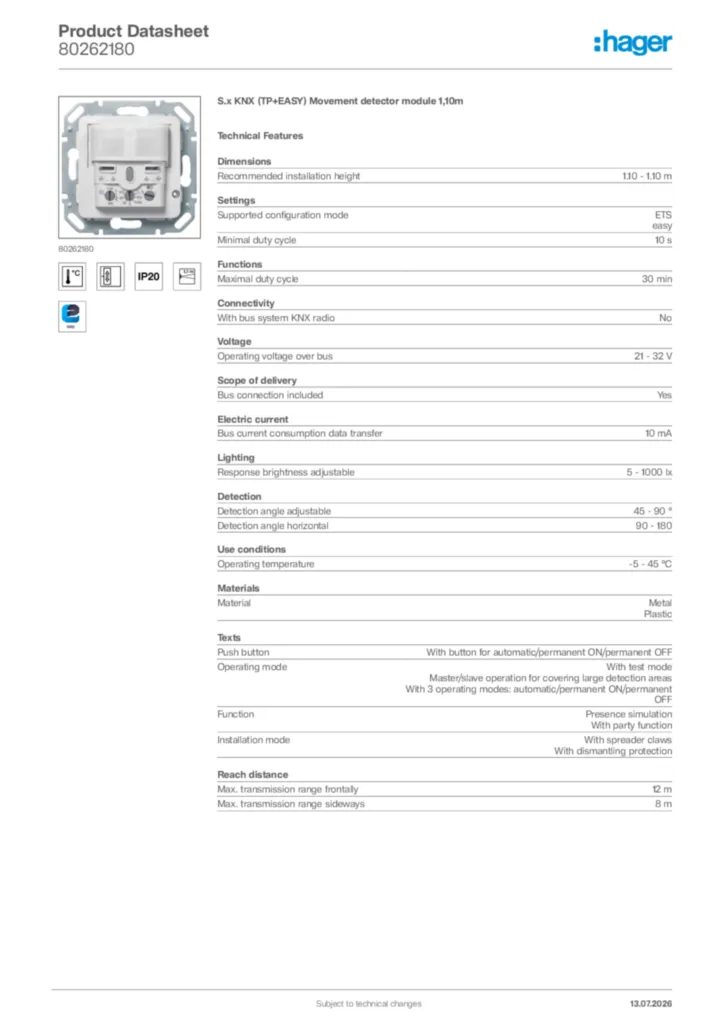 Image Hager Product data sheet 80262180  | Hager Africa