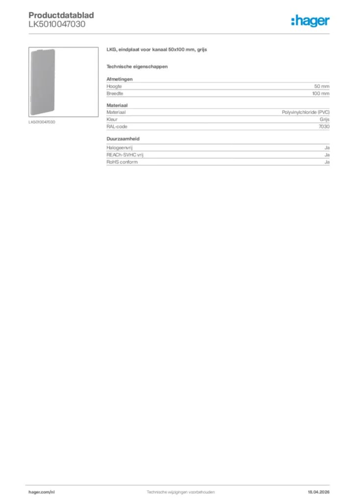 Afbeelding Hager Productdatablad LK5010047030 | Hager Nederland