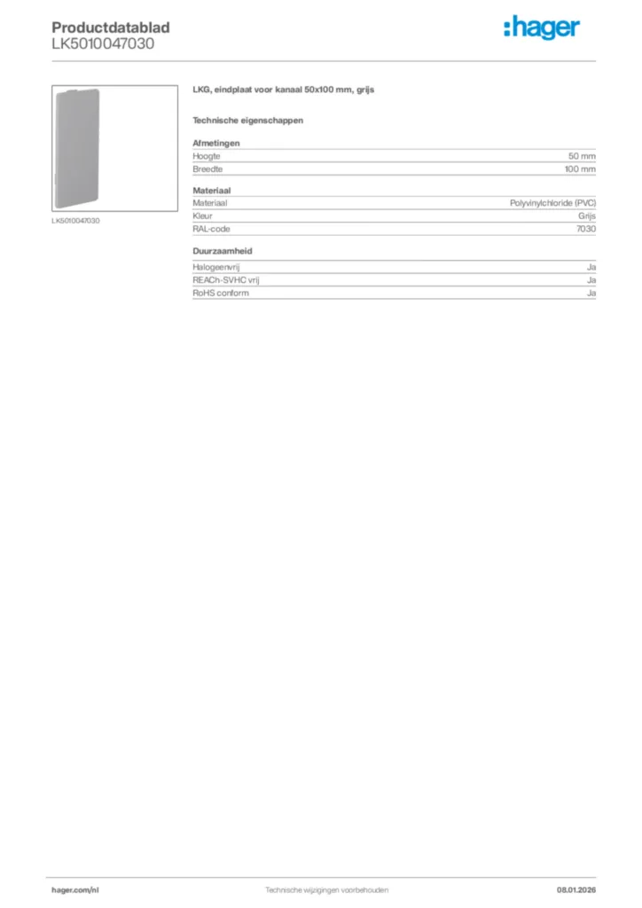 Afbeelding Hager Productdatablad LK5010047030 | Hager Nederland