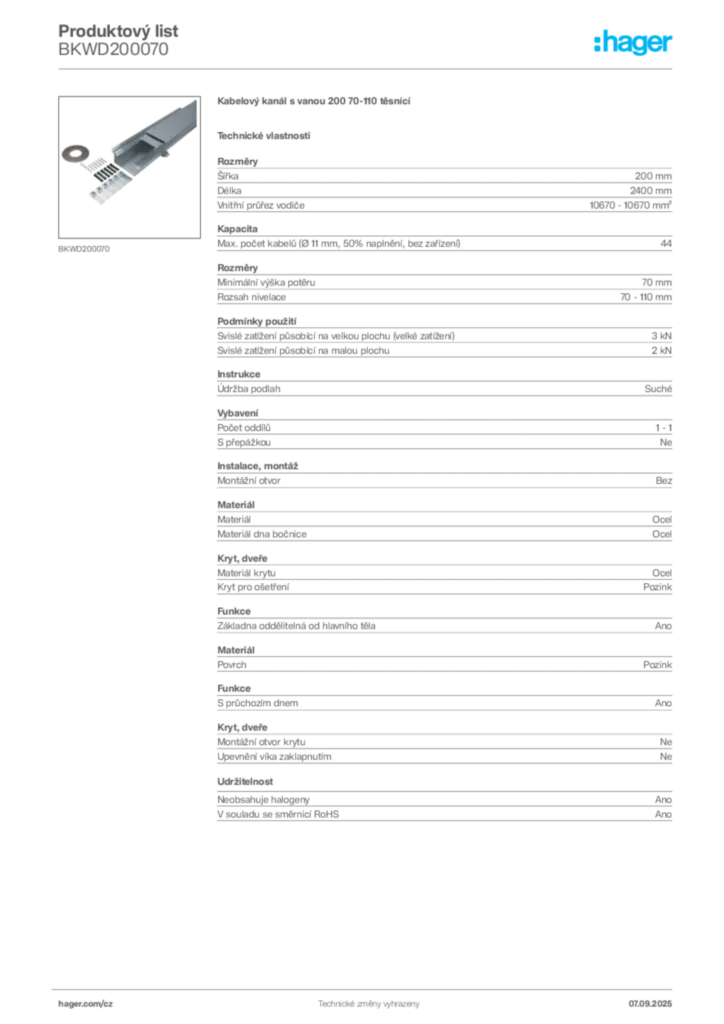 Obrázek Hager Produktový list BKWD200070 | Hager