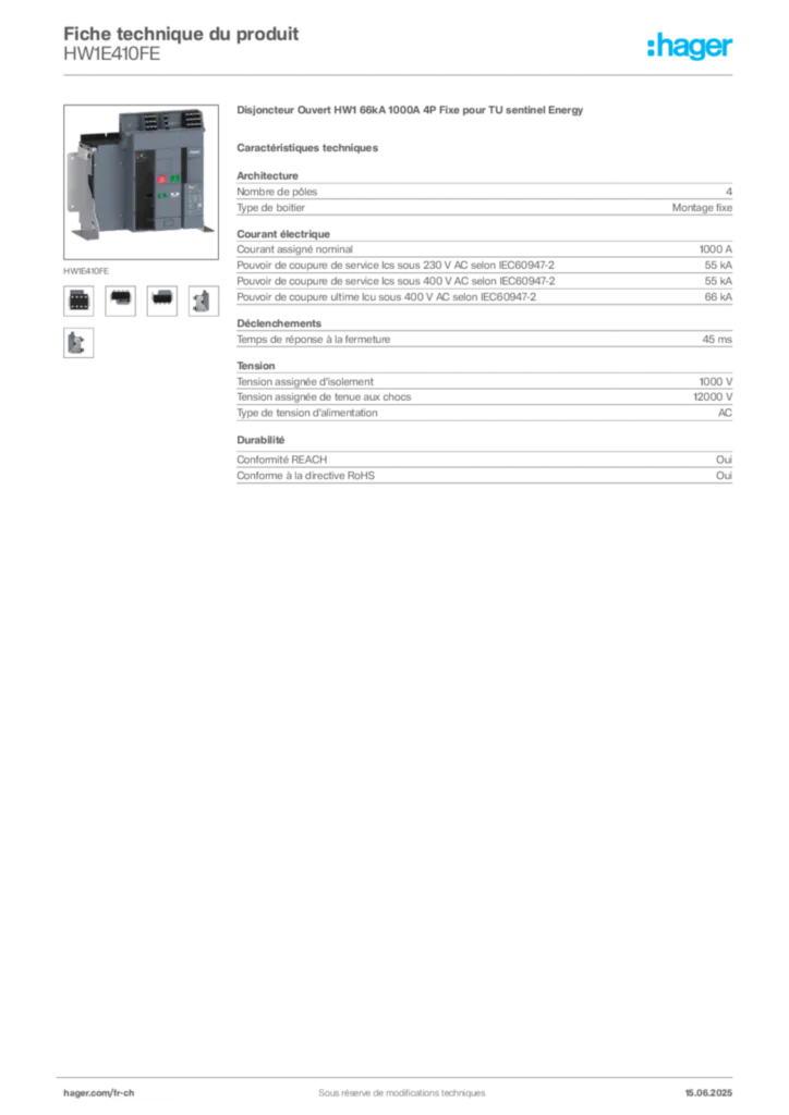 Image Hager Fiche technique du produit HW1E410FE | Hager Suisse