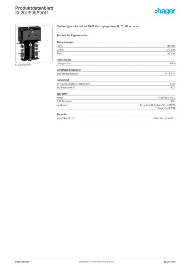 Bild Hager Produktdatenblatt SL201159889011 | Hager Deutschland