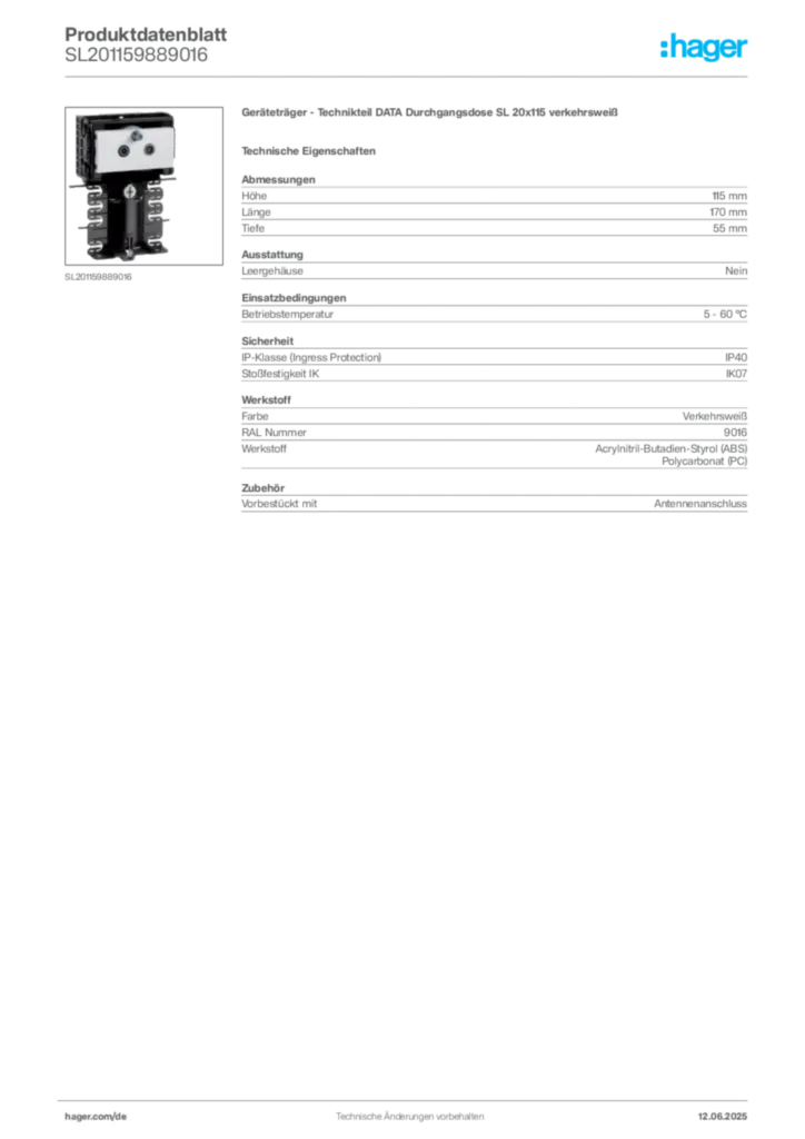 Bild Hager Produktdatenblatt SL201159889016 | Hager Deutschland