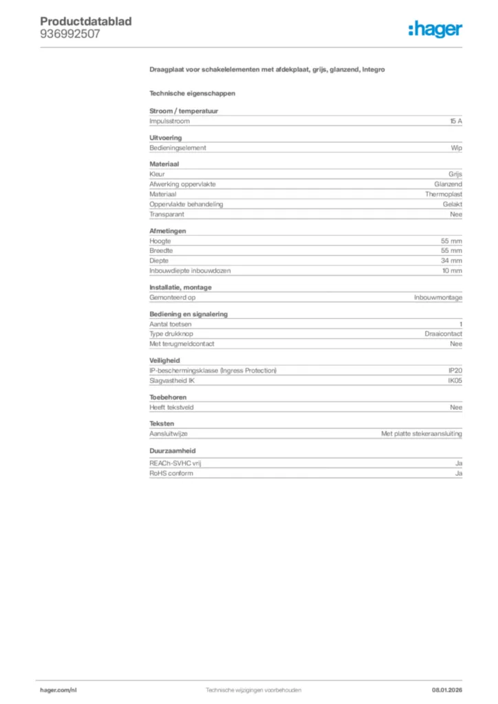 Afbeelding Hager Productdatablad 936992507 | Hager Nederland
