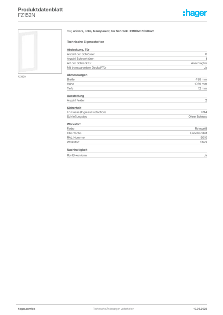 Bild Hager Produktdatenblatt FZ152N | Hager Deutschland