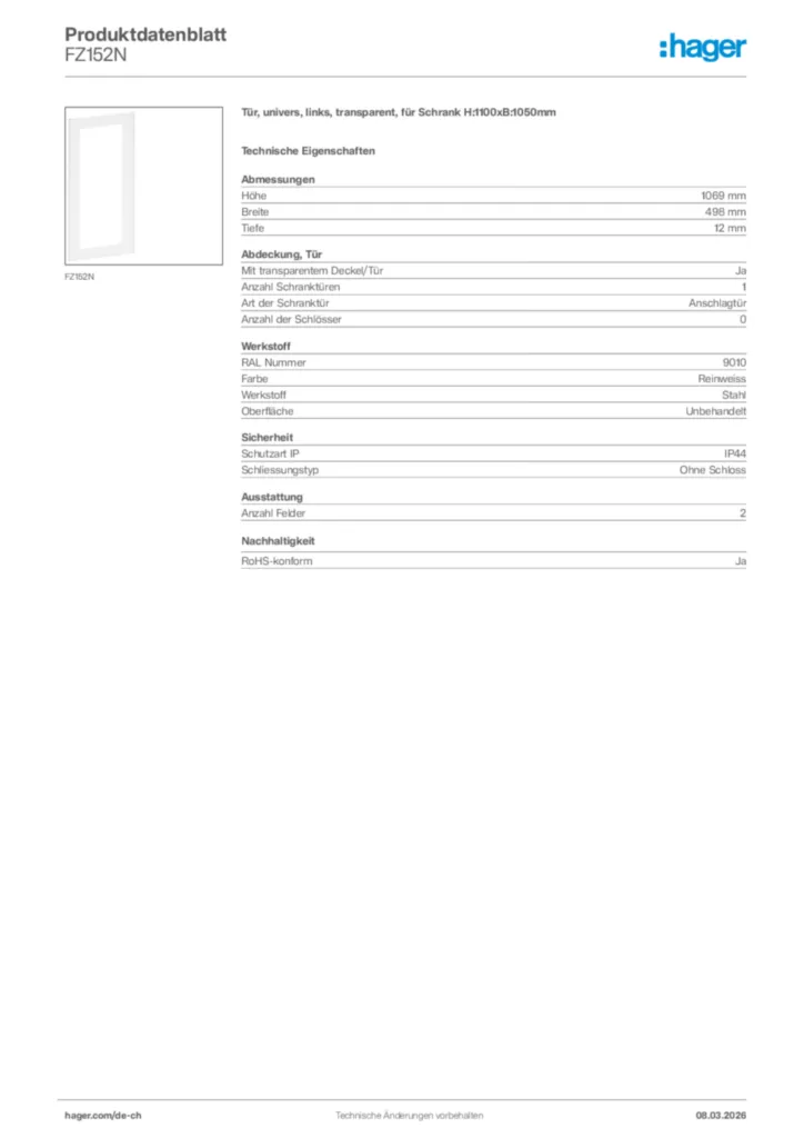 Bild Hager Produktdatenblatt FZ152N | Hager Schweiz