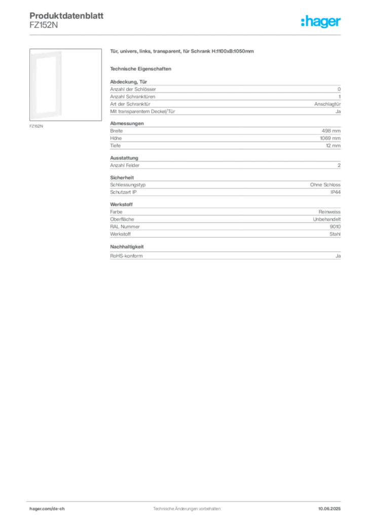Bild Hager Produktdatenblatt FZ152N | Hager Schweiz