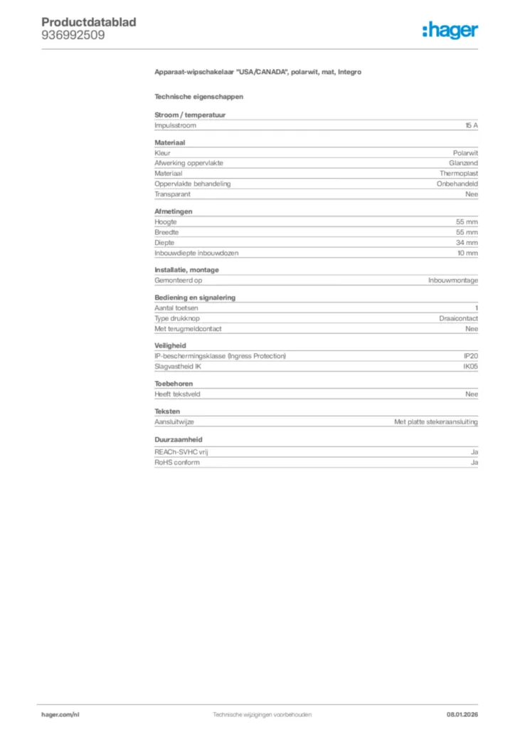 Afbeelding Hager Productdatablad 936992509 | Hager Nederland