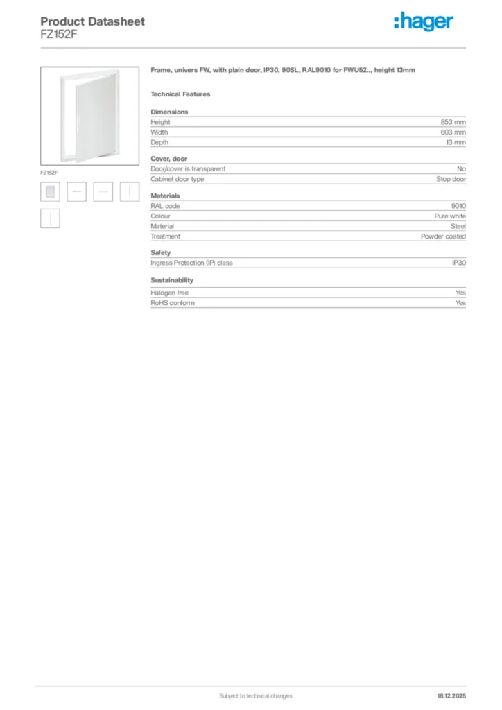 Image Hager Product data sheet FZ152F  | Hager Africa