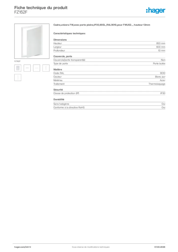 Image Hager Fiche technique du produit FZ152F | Hager Afrique