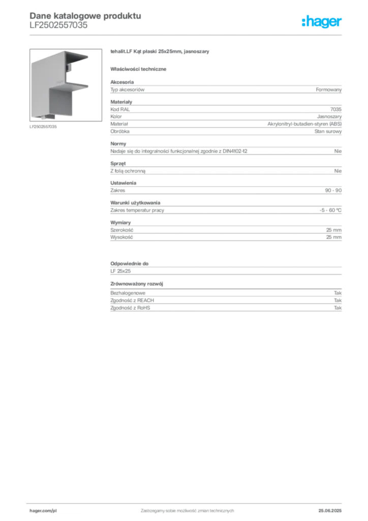 Zdjęcie Hager Karta katalogowa LF2502557035 | Hager Polska