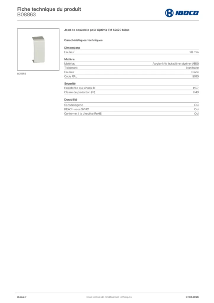 Image Iboco Fiche technique du produit B08863 | Hager France