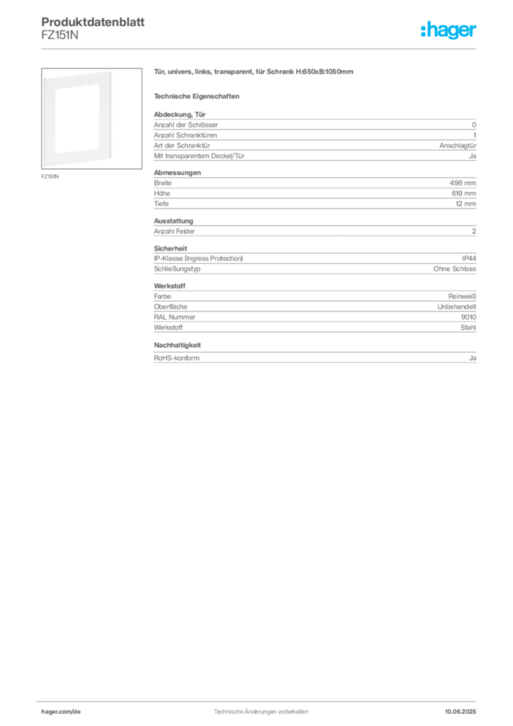 Bild Hager Produktdatenblatt FZ151N | Hager Deutschland
