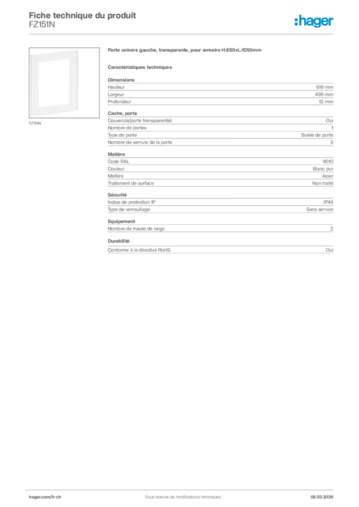 Image Hager Fiche technique du produit FZ151N | Hager Suisse