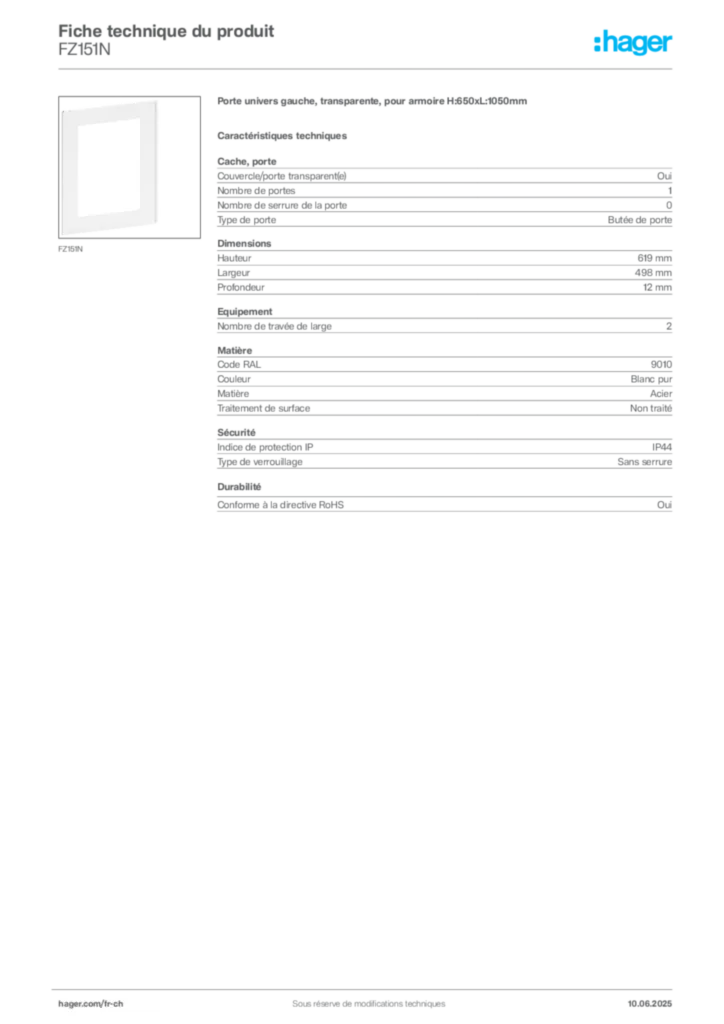 Image Hager Fiche technique du produit FZ151N | Hager Suisse