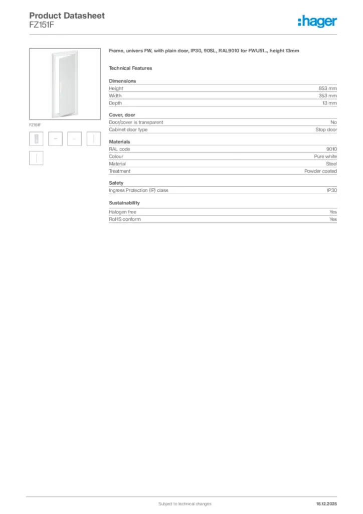 Image Hager Product data sheet FZ151F  | Hager Africa