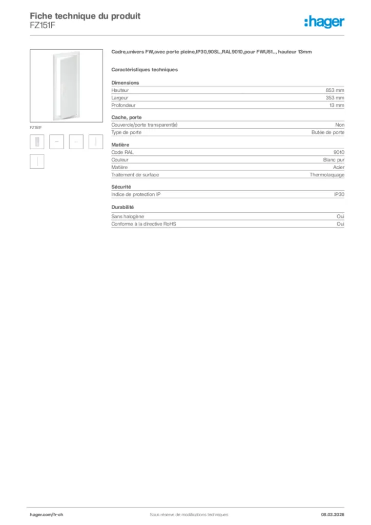 Image Hager Fiche technique du produit FZ151F | Hager Suisse