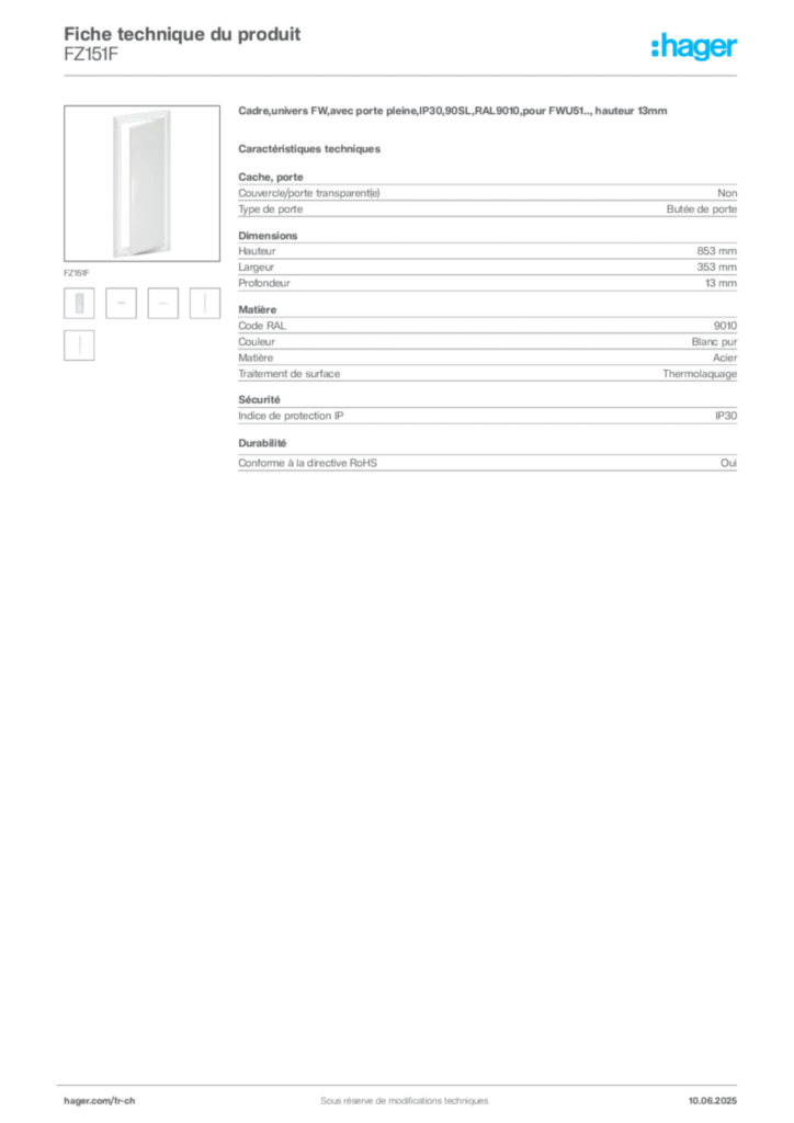 Image Hager Fiche technique du produit FZ151F | Hager Suisse