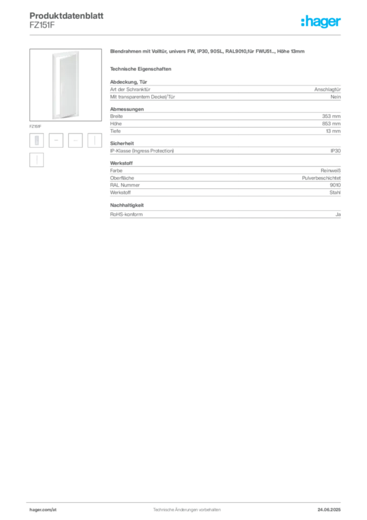 Bild Hager Produktdatenblatt FZ151F | Hager Deutschland
