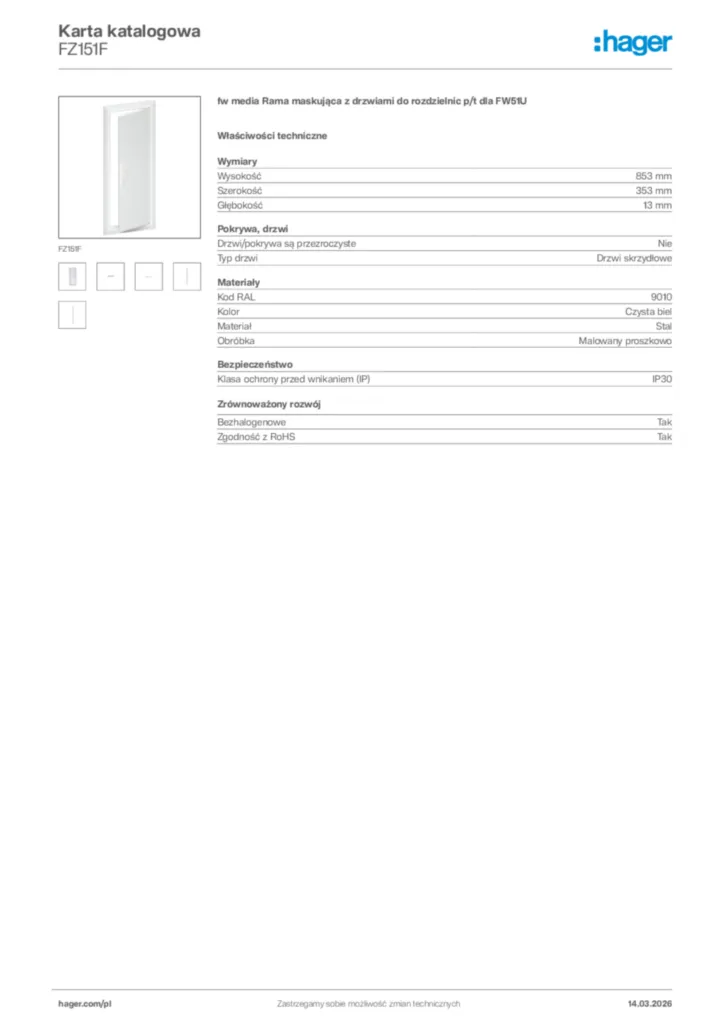 Zdjęcie Hager Karta katalogowa FZ151F | Hager Polska