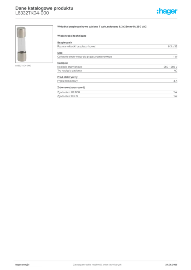 Zdjęcie Hager Karta katalogowa L6332TK04-000 | Hager Polska