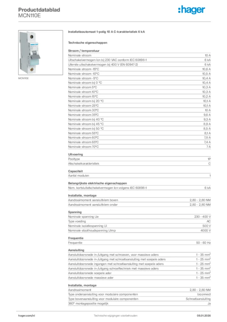 Afbeelding Hager Productdatablad MCN110E | Hager Nederland