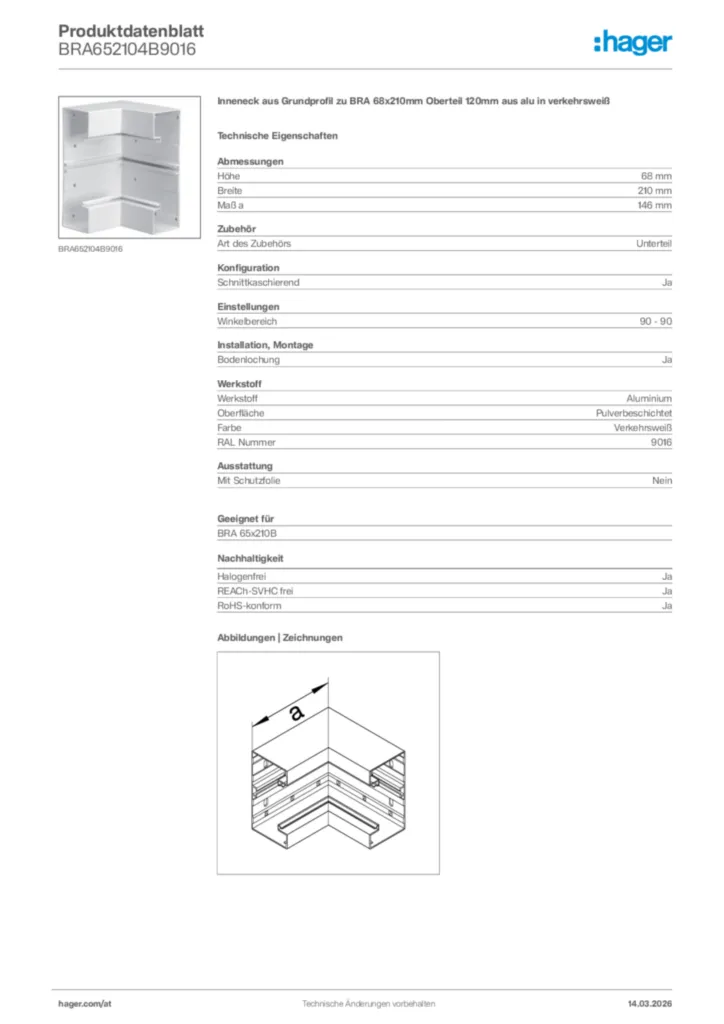 Bild Hager Produktdatenblatt BRA652104B9016 | Hager Deutschland