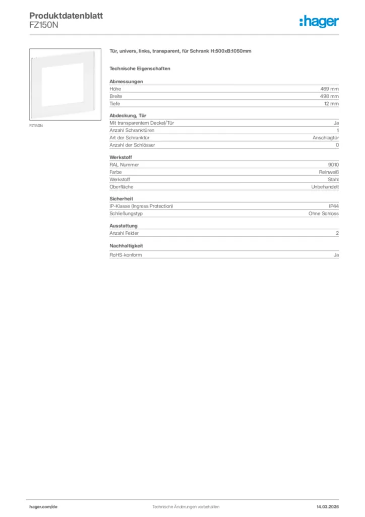 Bild Hager Produktdatenblatt FZ150N | Hager Deutschland