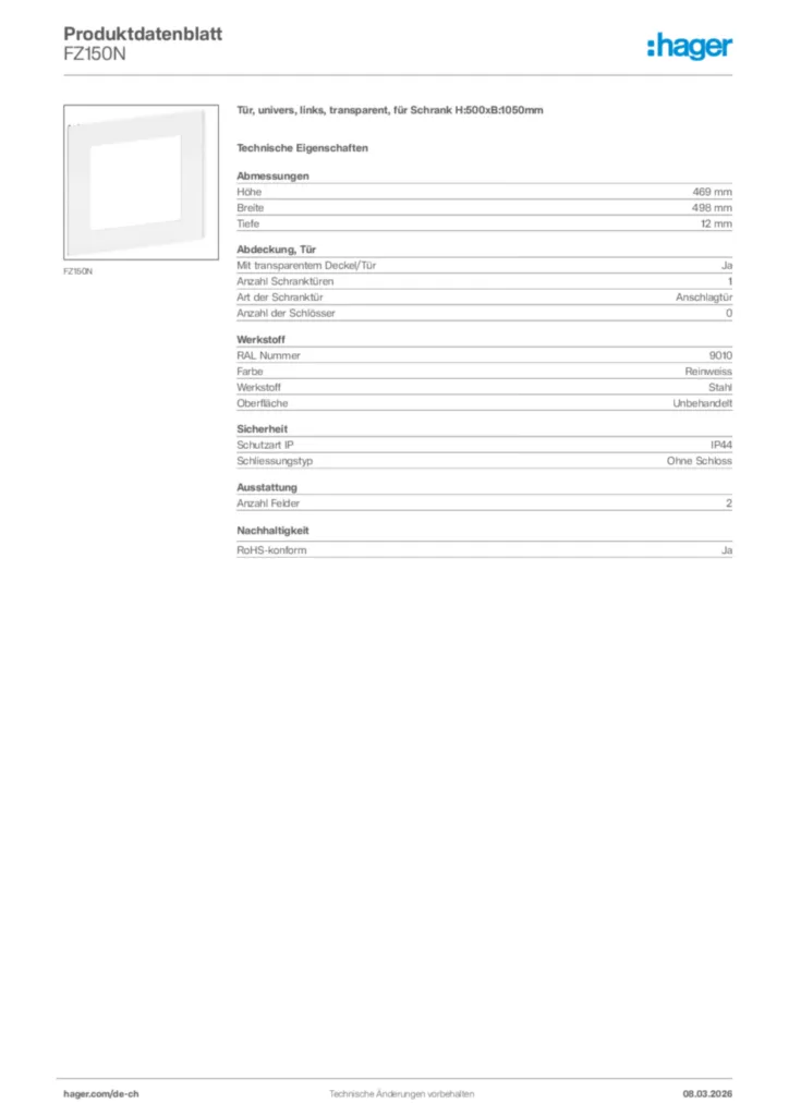 Bild Hager Produktdatenblatt FZ150N | Hager Schweiz