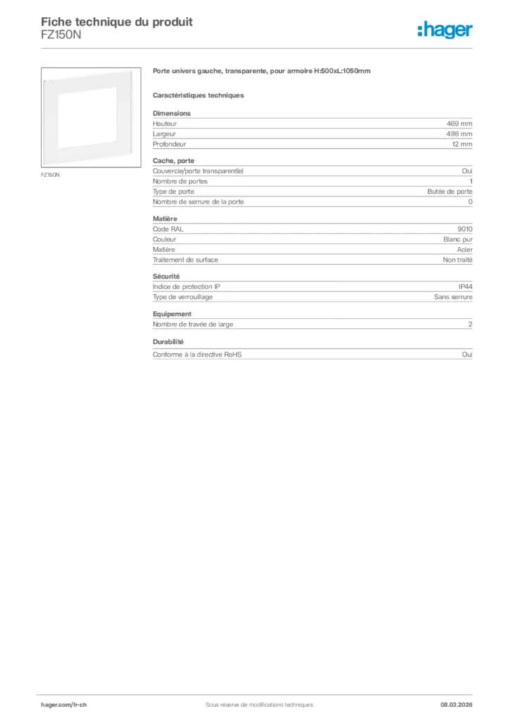 Image Hager Fiche technique du produit FZ150N | Hager Suisse