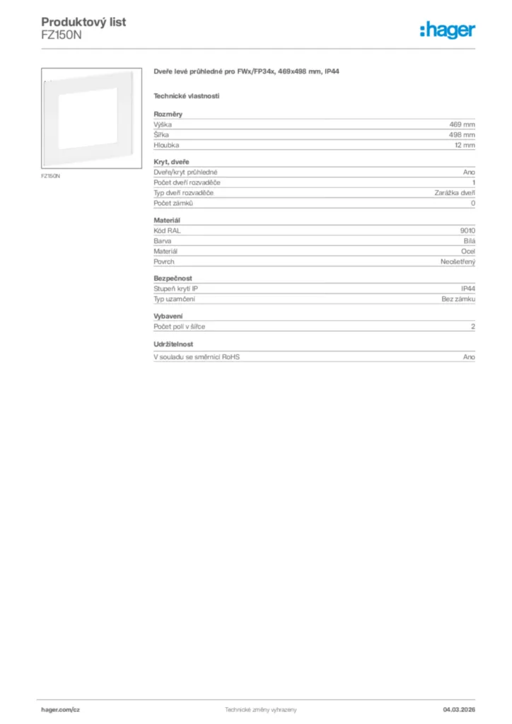 Obrázek Hager Product data sheet FZ150N | Hager