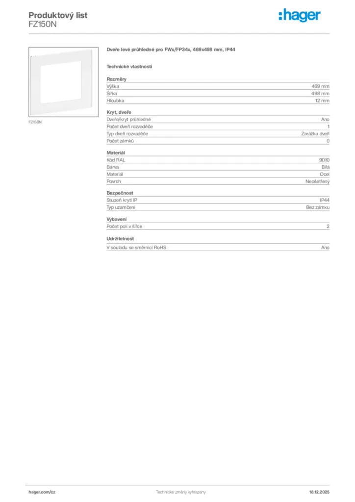 Obrázek Hager Produktový list FZ150N | Hager