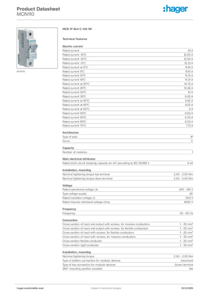 Image Hager Product data sheet MCN110  | Hager