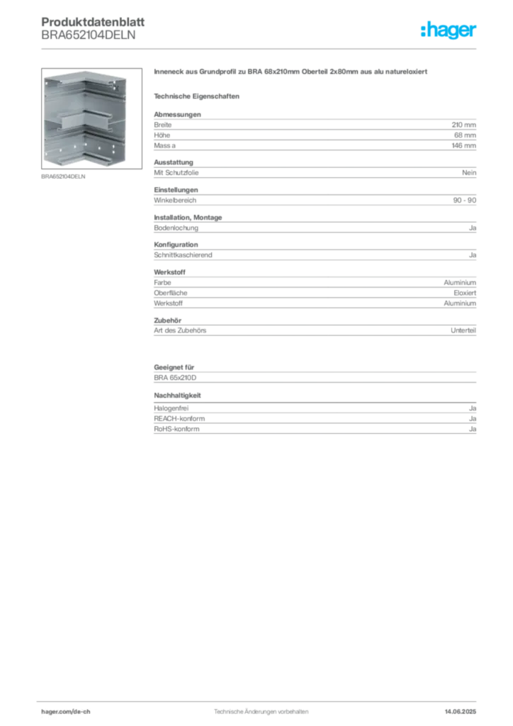 Bild Hager Produktdatenblatt BRA652104DELN | Hager Schweiz