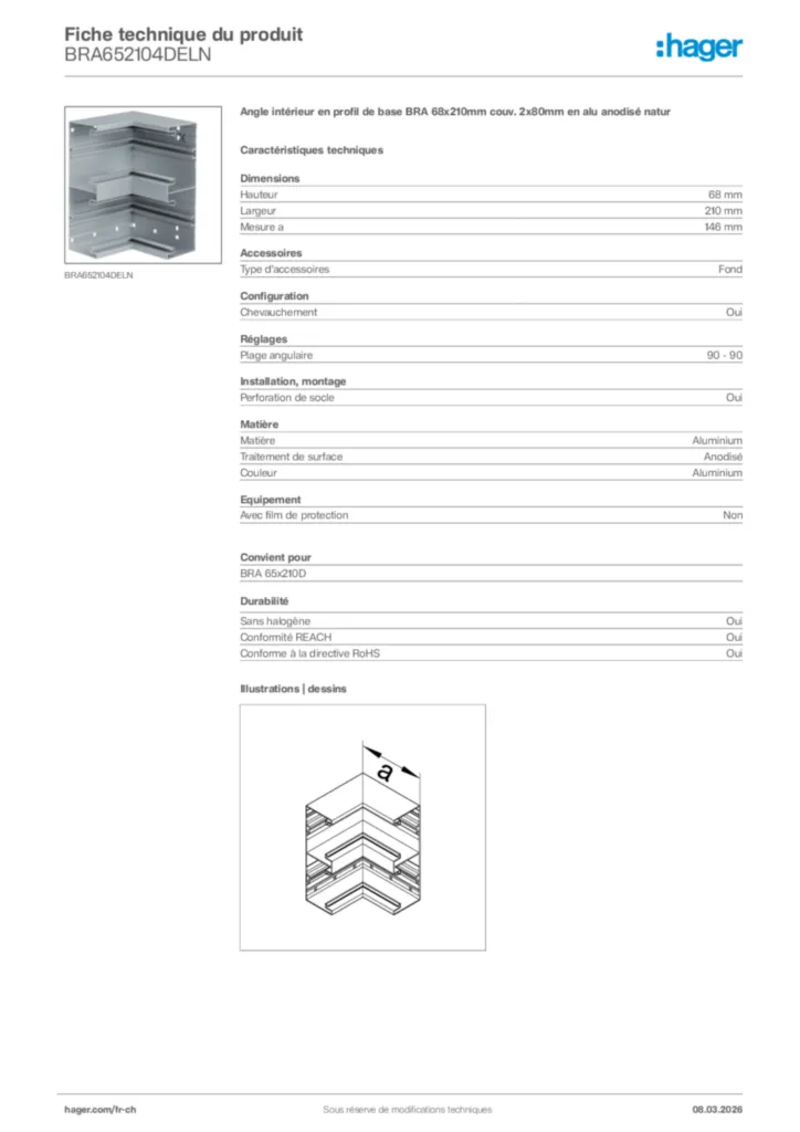 Image Hager Fiche technique du produit BRA652104DELN | Hager Suisse