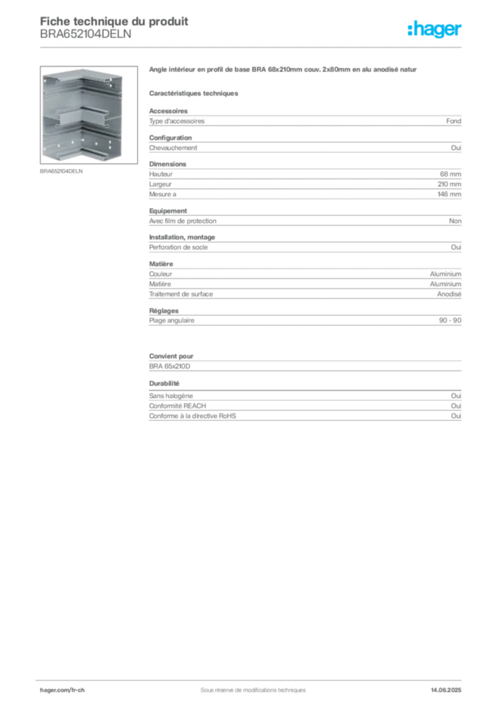 Image Hager Fiche technique du produit BRA652104DELN | Hager Suisse