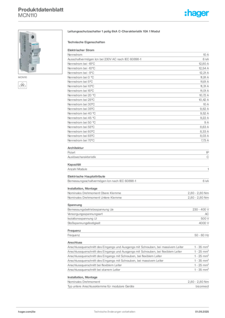 Bild Hager Produktdatenblatt MCN110 | Hager Deutschland