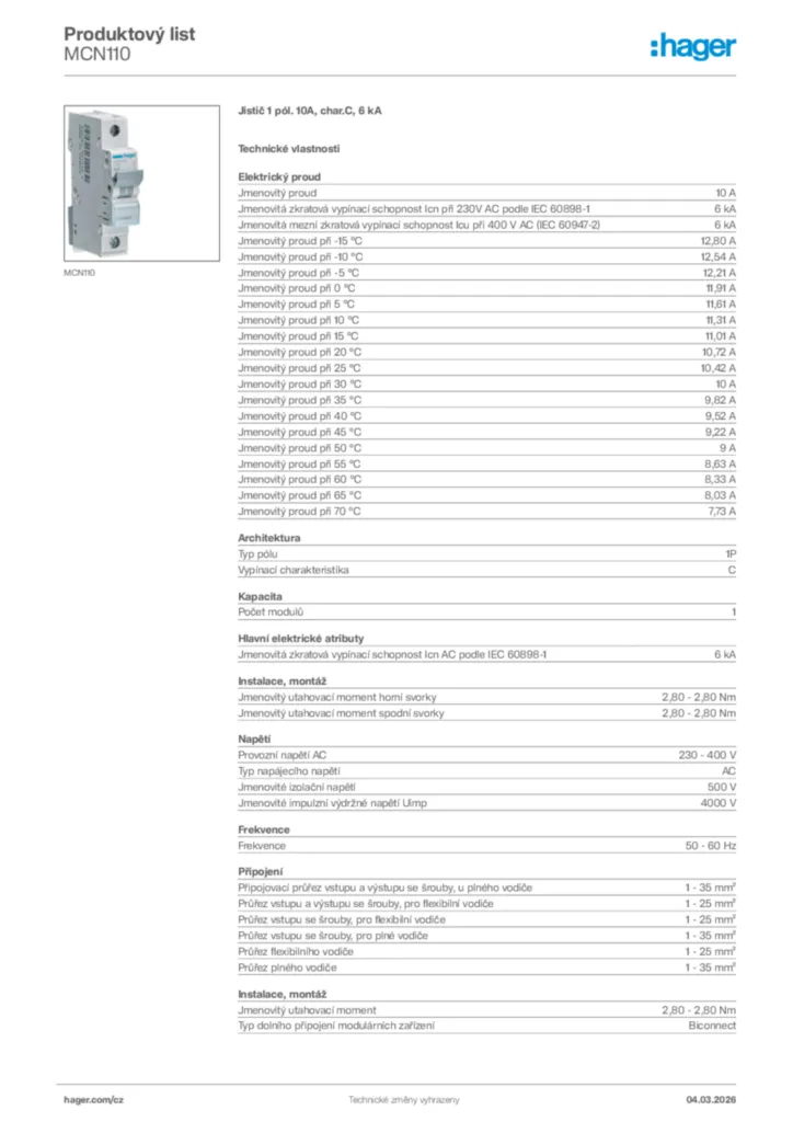 Obrázek Hager Product data sheet MCN110 | Hager