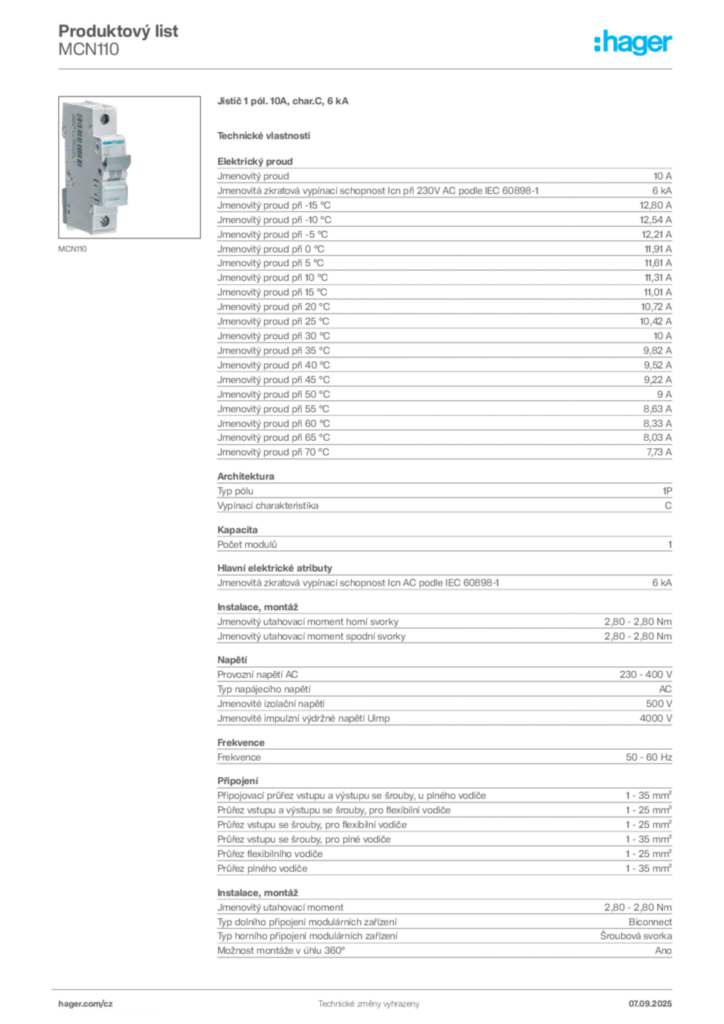 Obrázek Hager Produktový list MCN110 | Hager