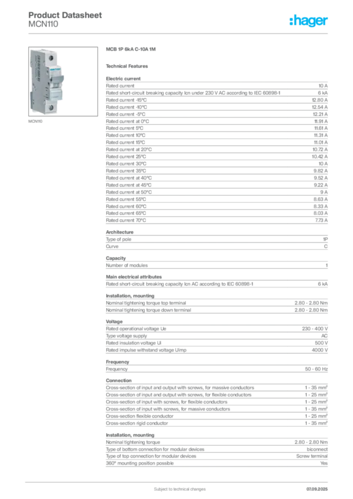 Image Hager Product data sheet MCN110  | Hager