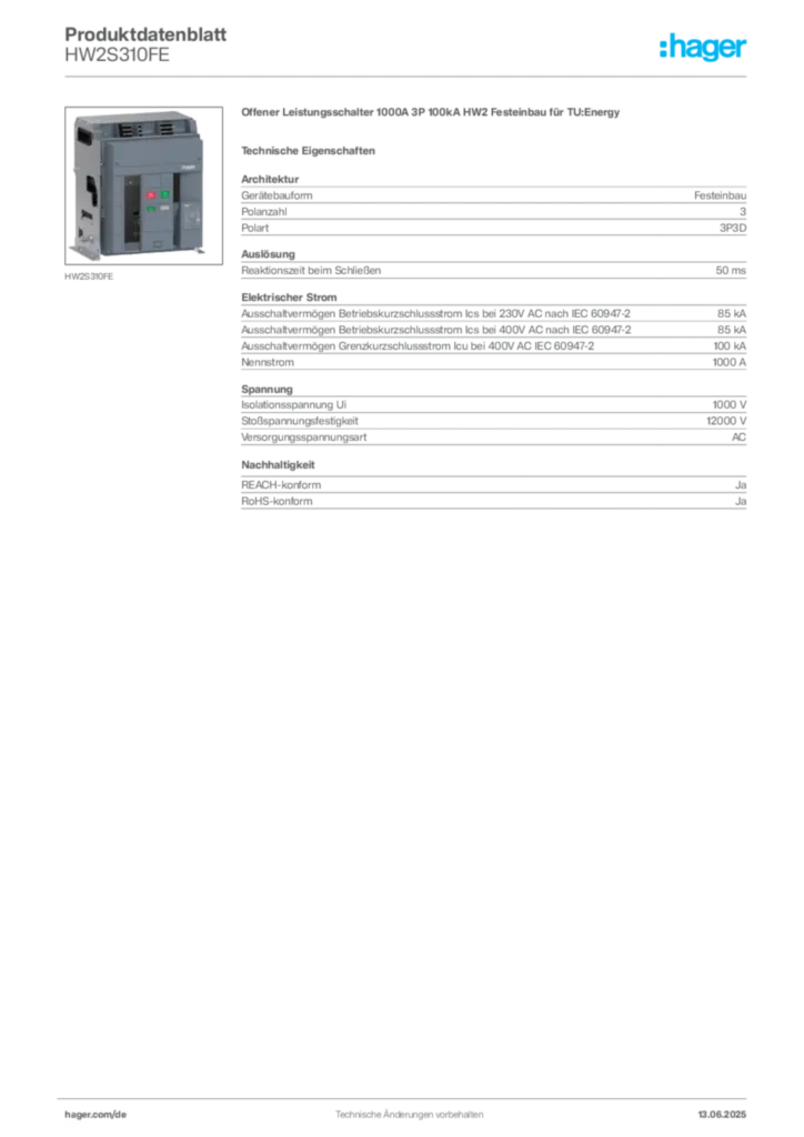 Bild Hager Produktdatenblatt HW2S310FE | Hager Deutschland