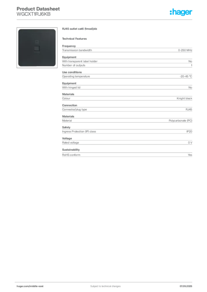 Image Hager Product data sheet WGCXT1RJ6KB  | Hager