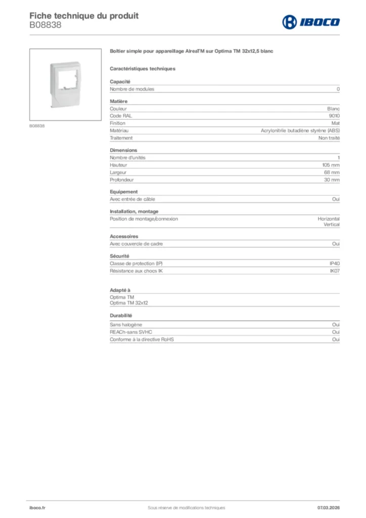 Image Iboco Fiche technique du produit B08838 | Hager France